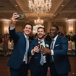 Friends uploading photos at event with QR code